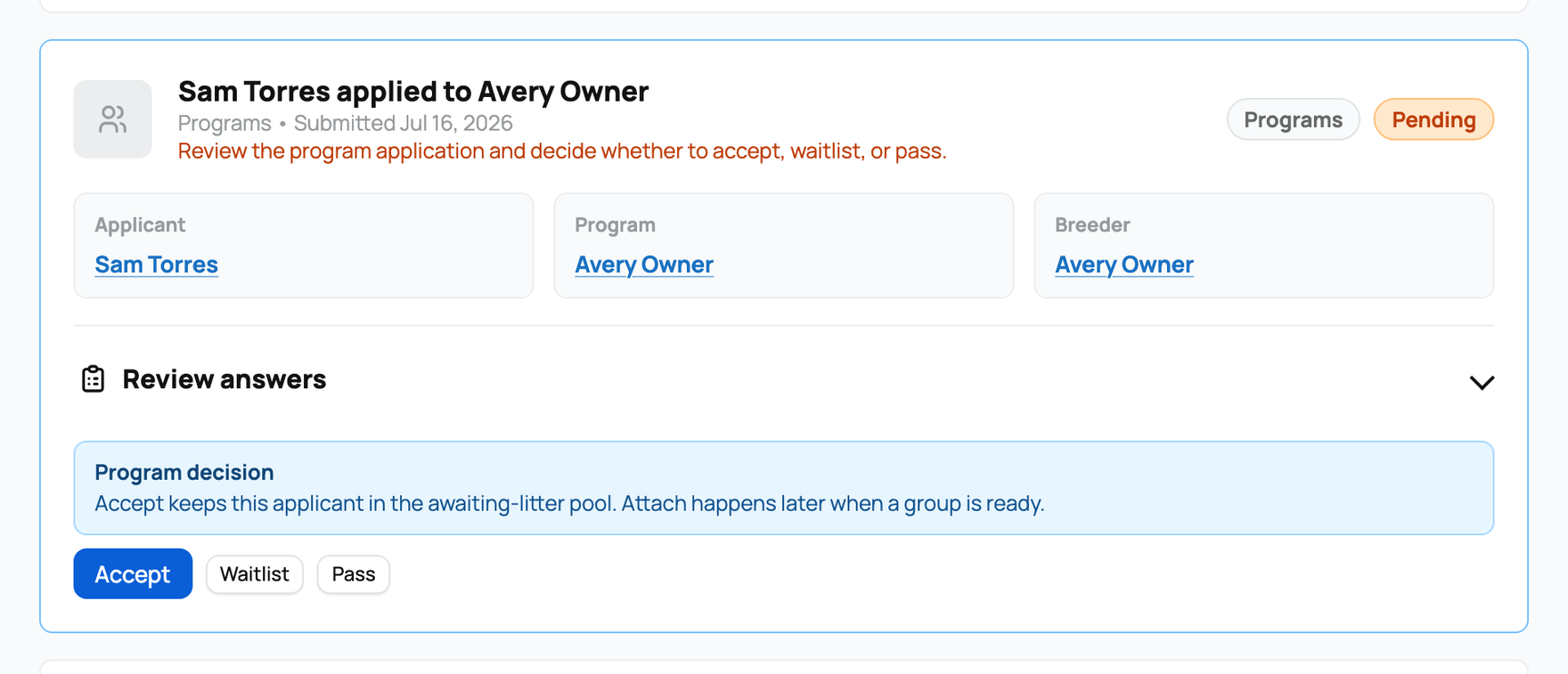 A pending program application with its decision row