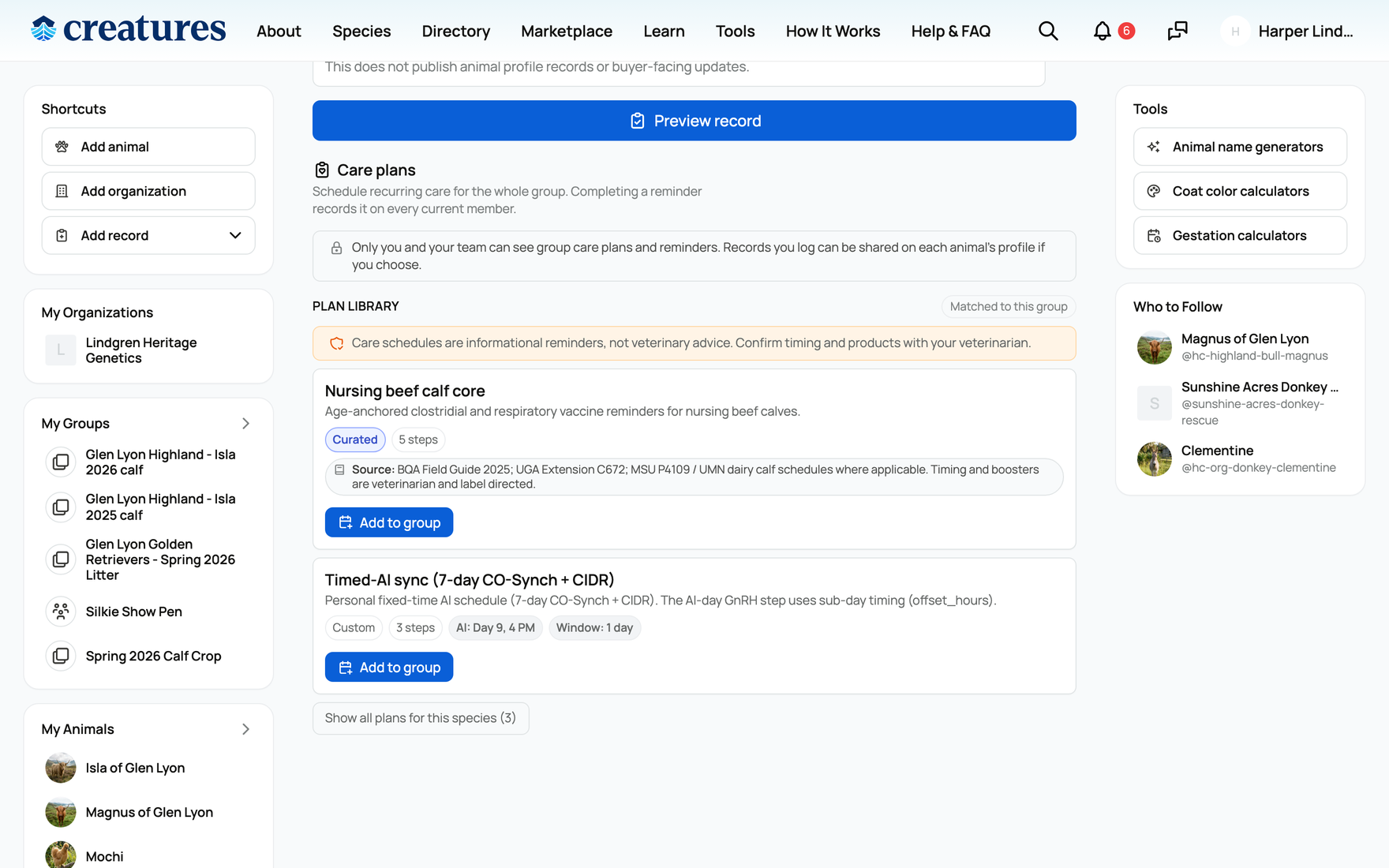 The Care plans section on a group