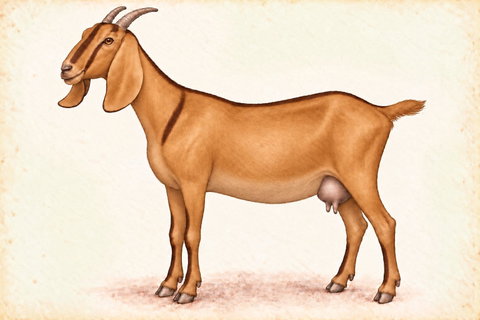 Illustration of a Nubian doe with brown black and tan chamoisee coloring.