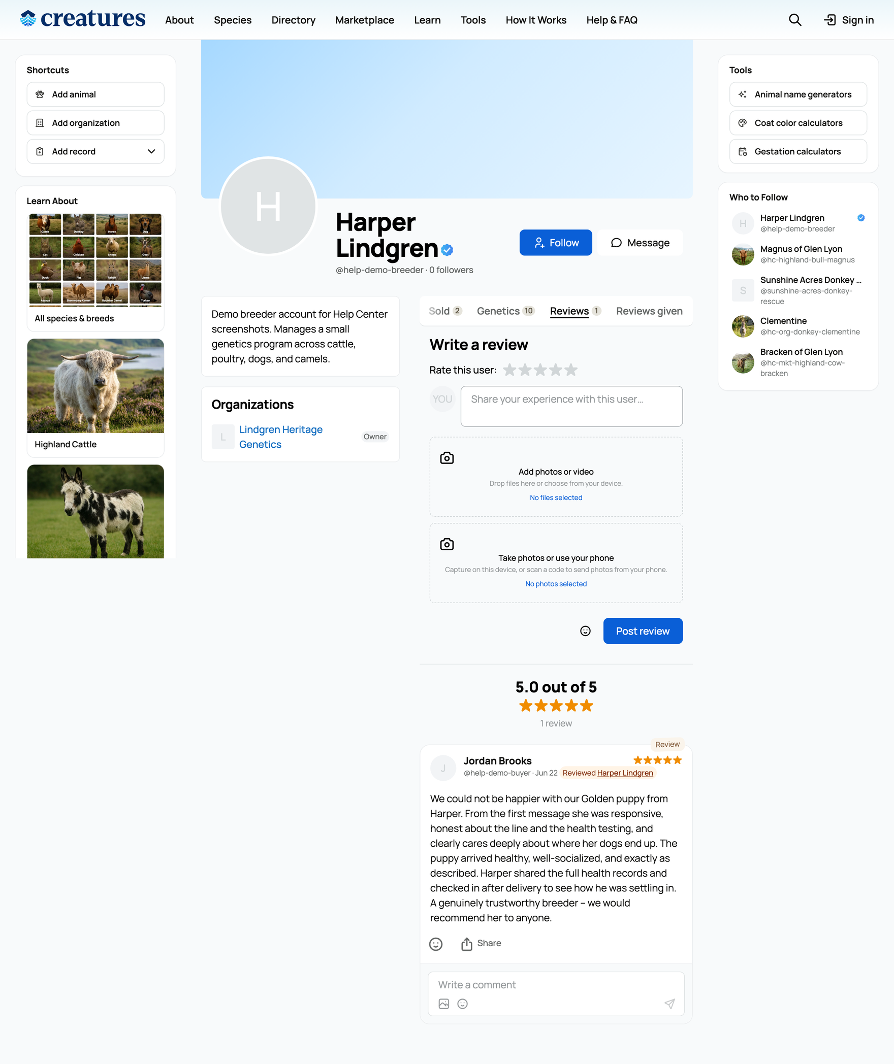 A profile's Reviews tab, with the overall rating and a displayed review