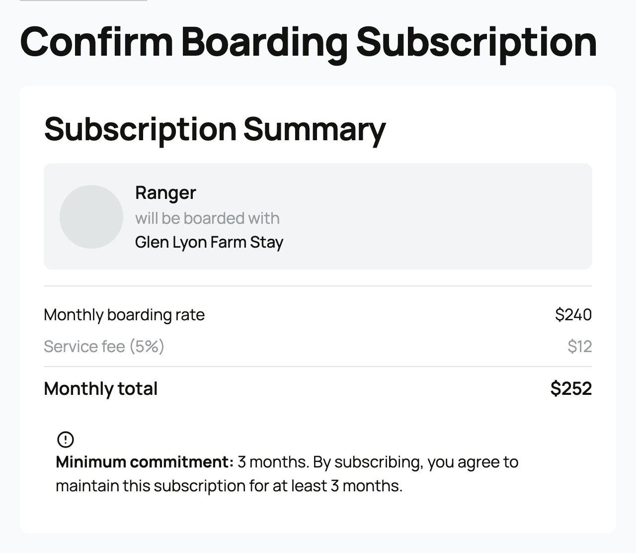 Subscription summary with boarding rate, 5 percent fee, total, and commitment