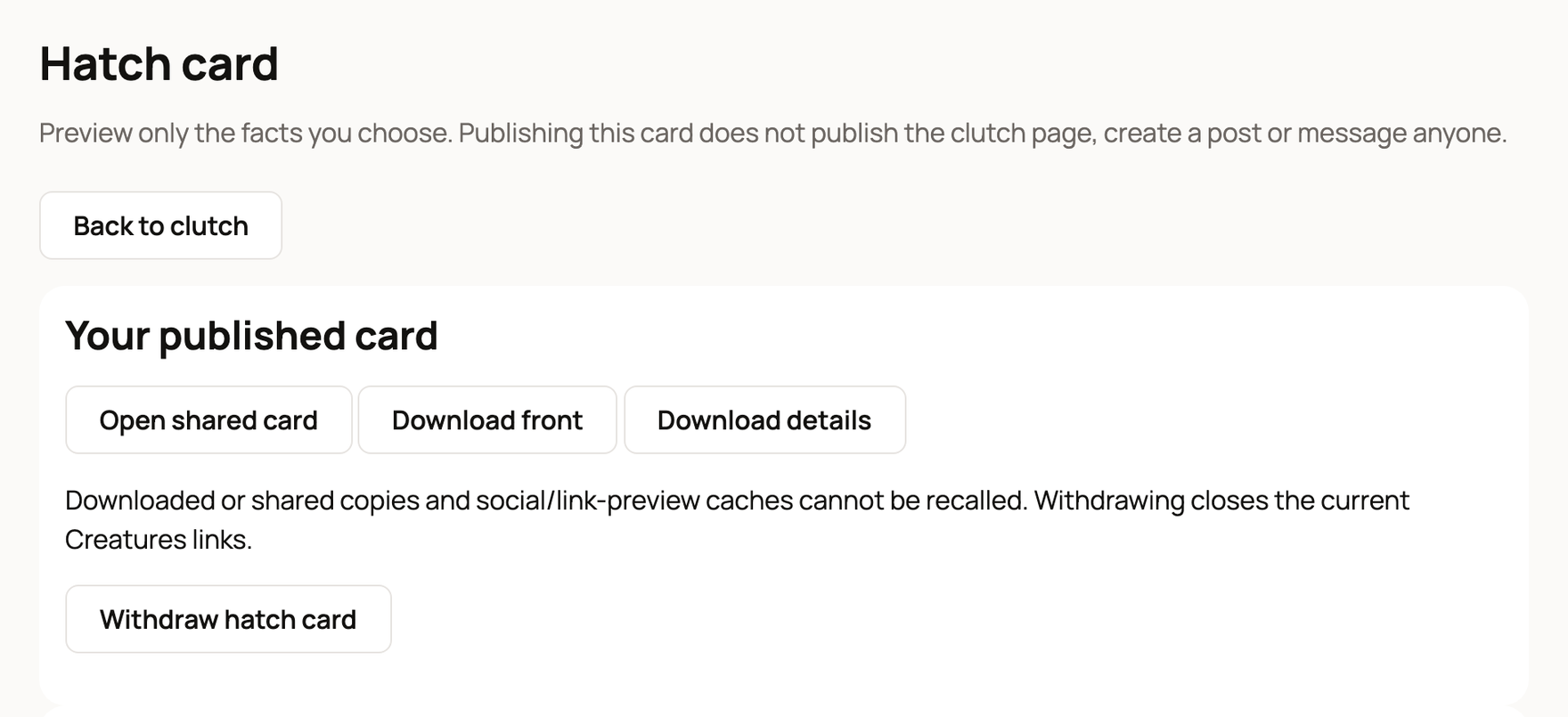 Your published card with Open shared card, Download front, Download details and Withdraw hatch card