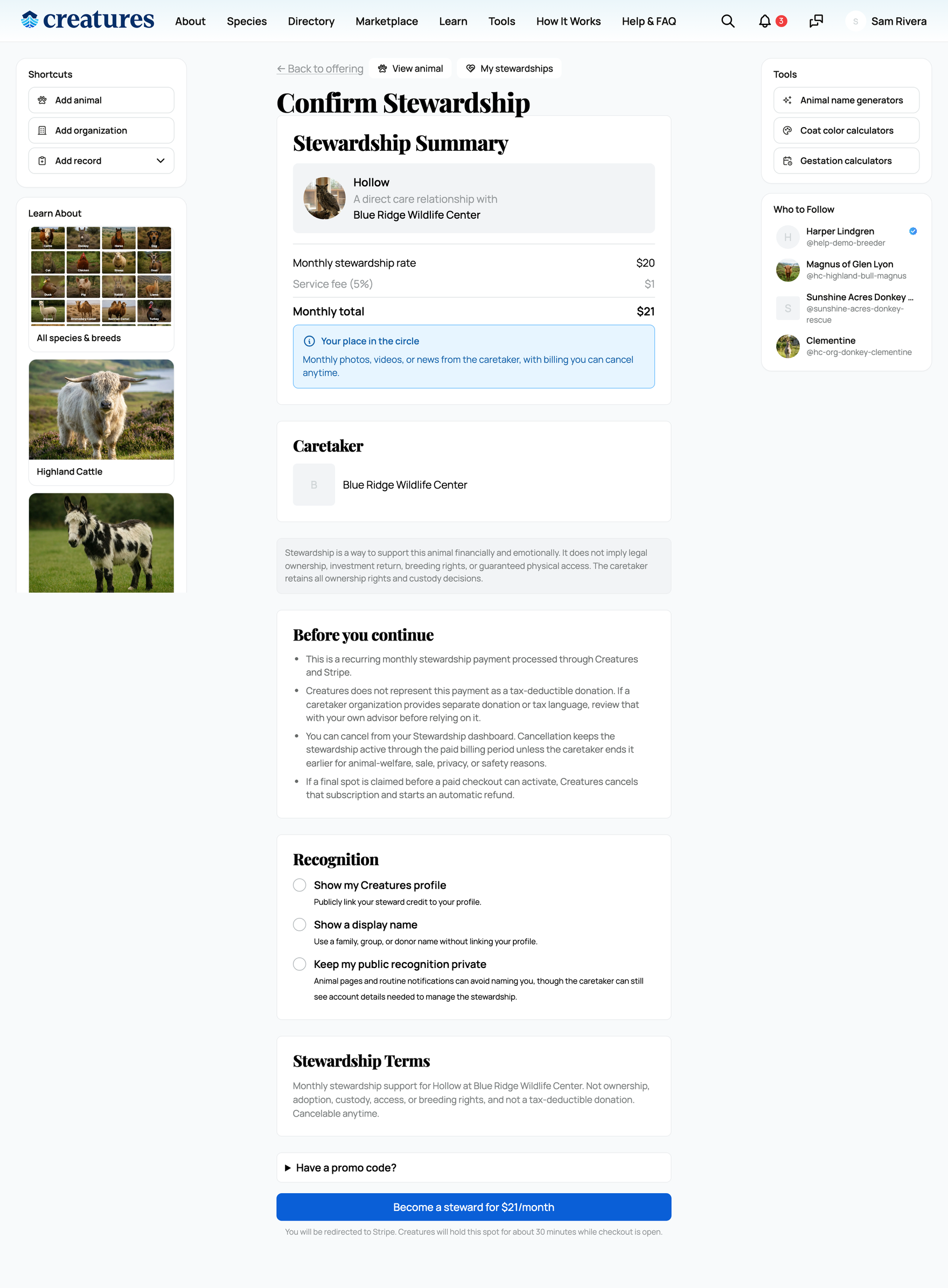 The stewardship confirmation page with recognition options