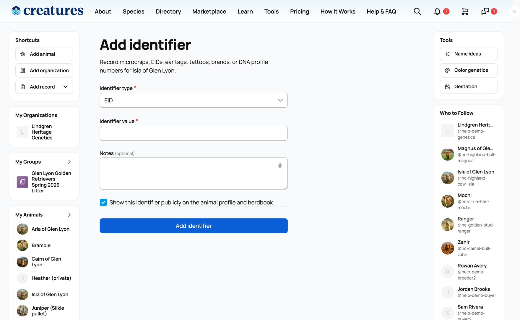 The add identifier form