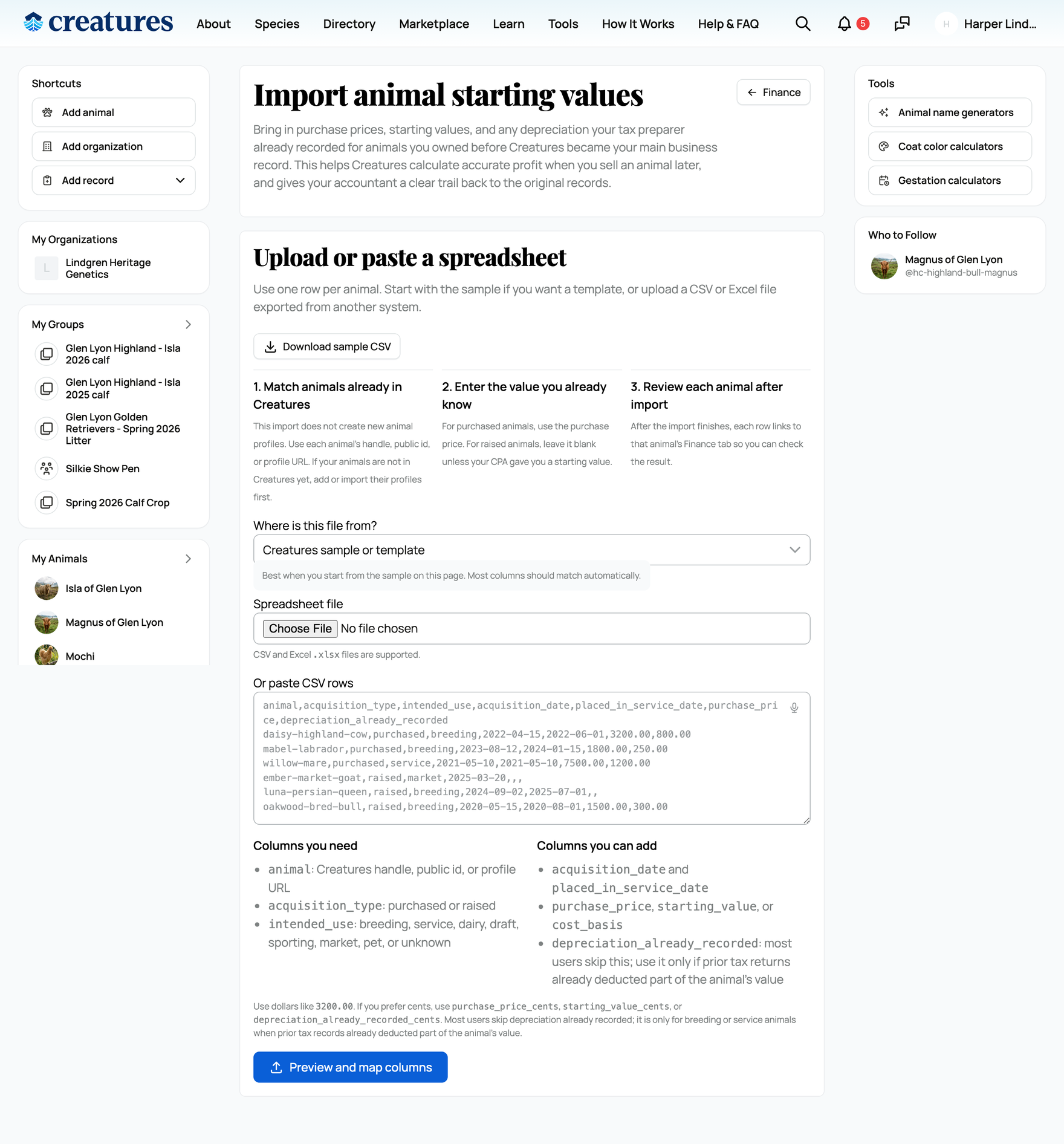 Importing animal starting values