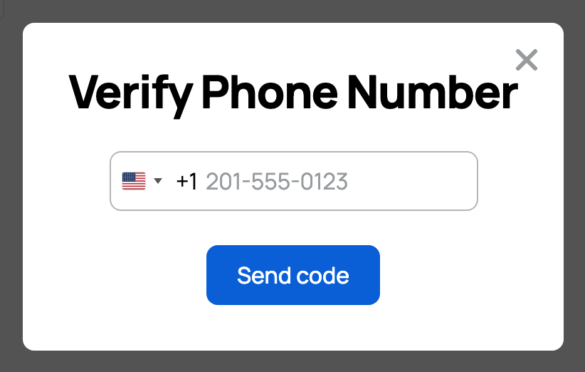 Verify Phone Number dialog with the phone field and Send code button