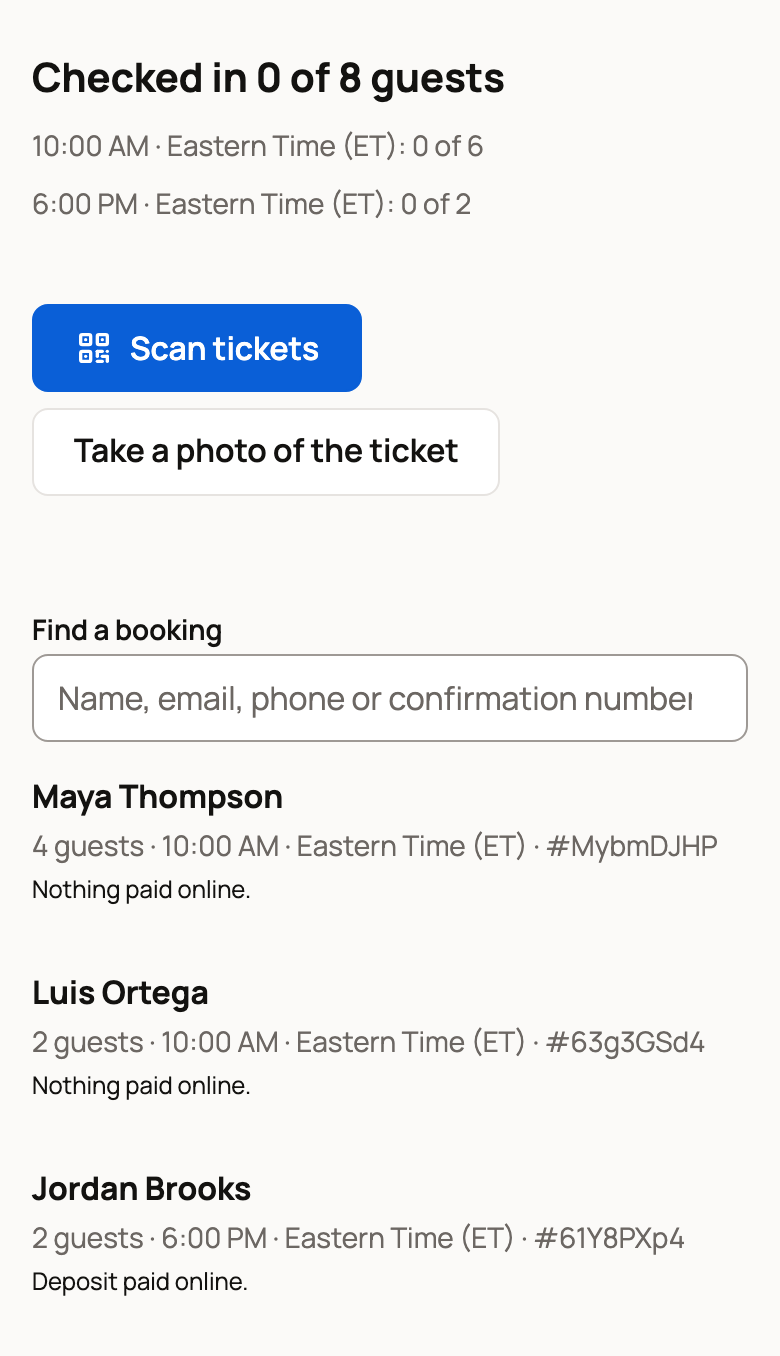 Gate check-in showing 0 of 8 guests checked in, Scan tickets, Take a photo of the ticket and the day's bookings