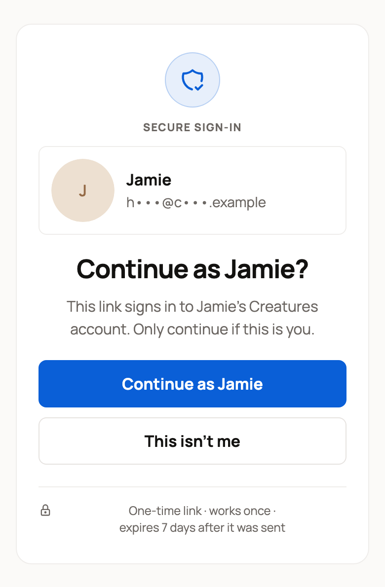 Continue as Jamie? page with Continue as Jamie and This isn't me buttons