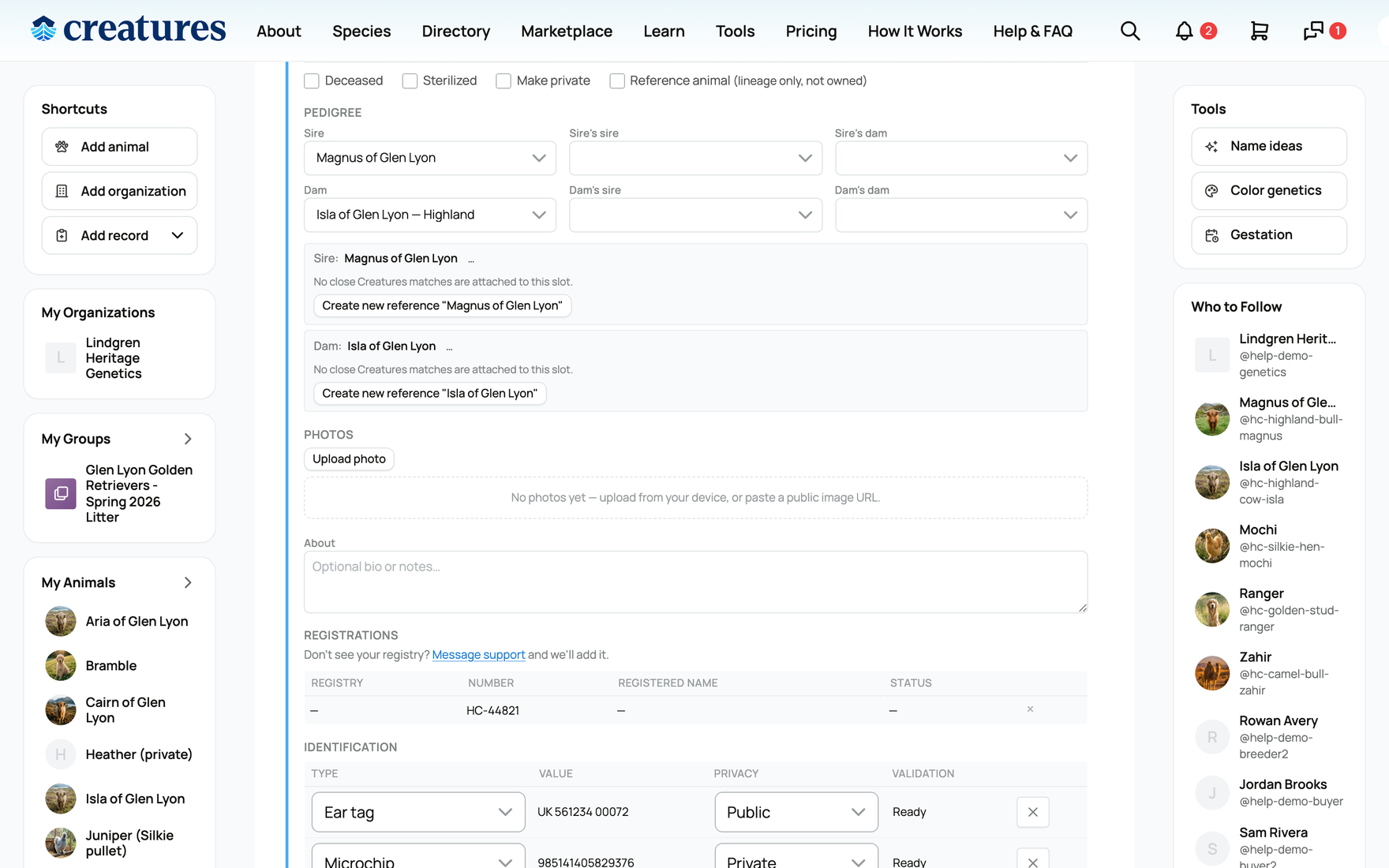 Per-ancestor resolution on a draft: link an existing animal, link another row in this import, or create a reference profile