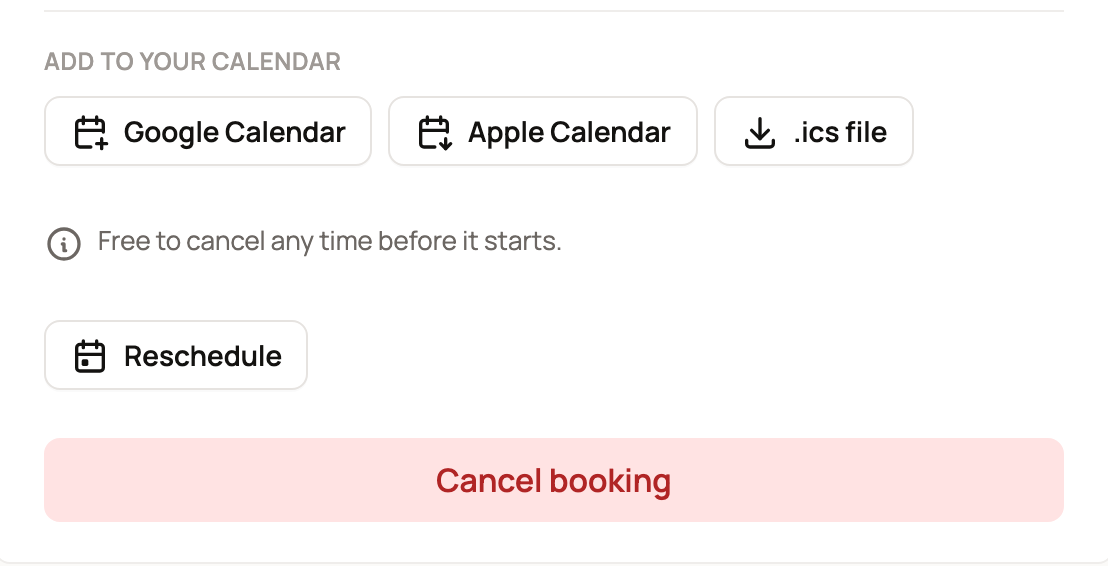 Calendar buttons, the cancellation policy, Reschedule, and Cancel booking on a confirmed booking