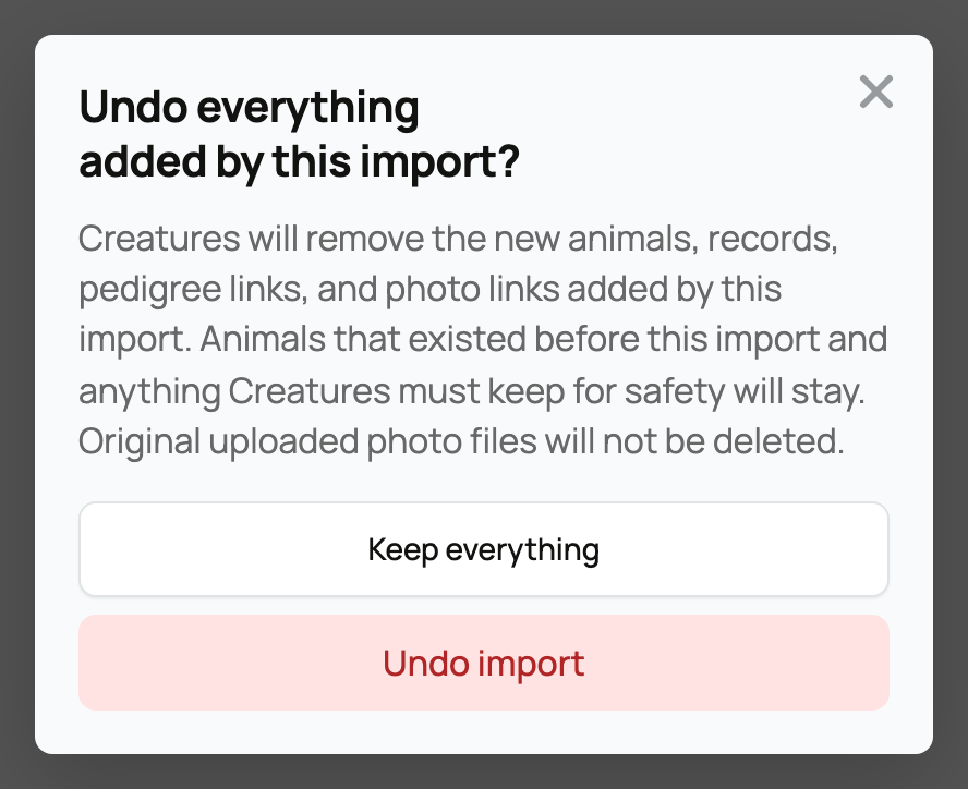 Undo import explains what will be removed and retained