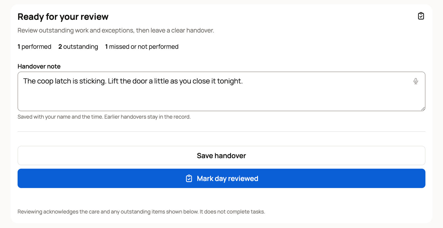 Ready for your review with day totals, a handover note, Save handover and Mark day reviewed