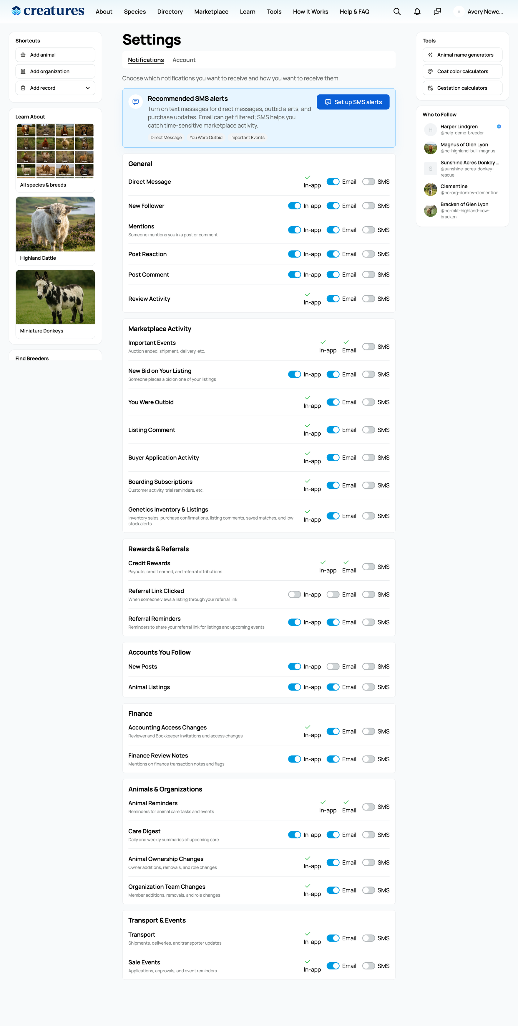 The Notifications settings grid