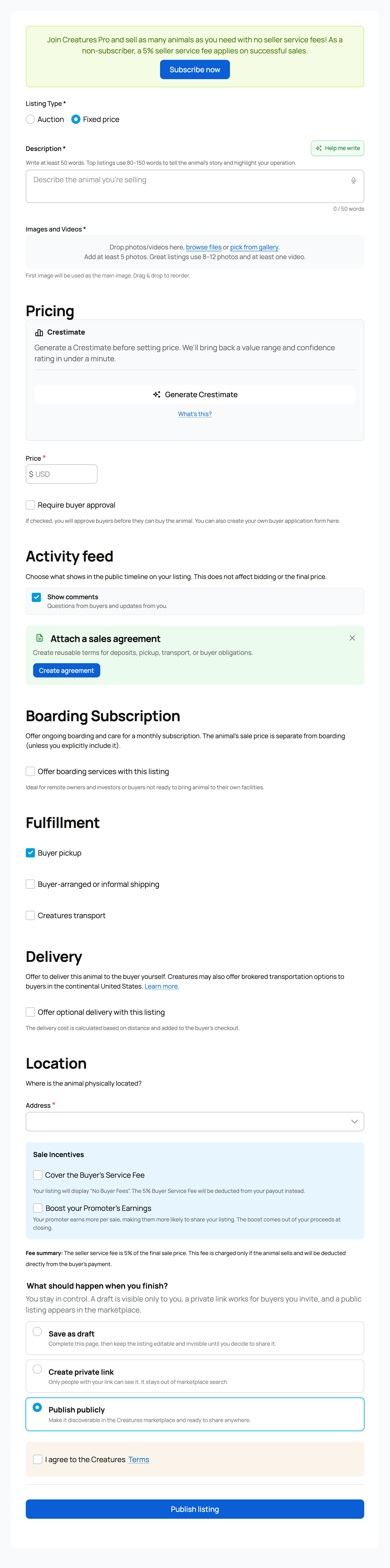 The fixed-price create-listing form