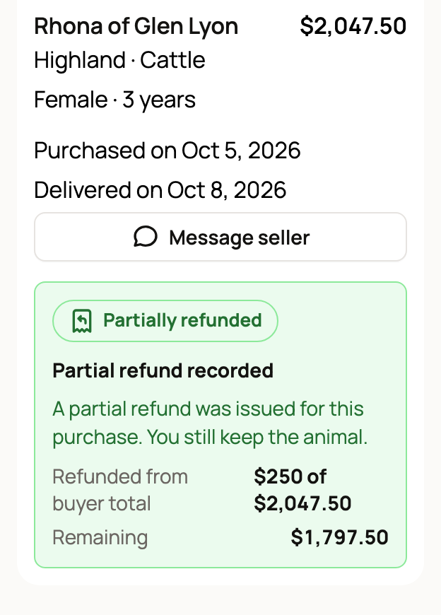 Partial refund recorded with $250 refunded from the buyer total and the amount remaining