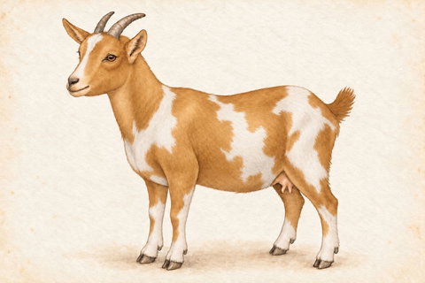 Illustration of a Nigerian Dwarf doe: gold coat with an irregular white facial blaze and broken white body and leg patches.