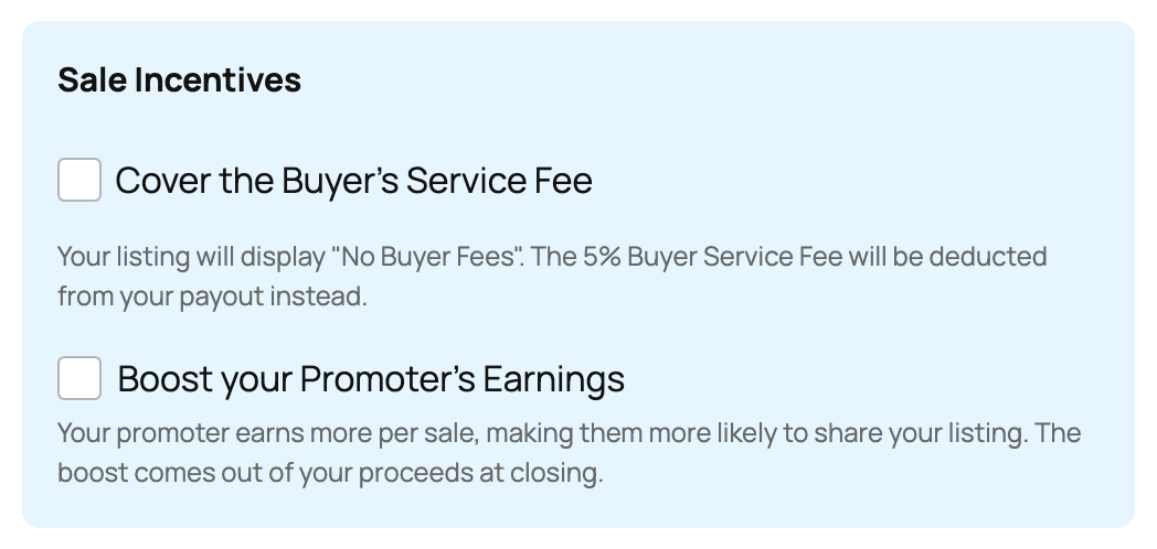 Seller-funded buyer-fee coverage and promoter-reward controls