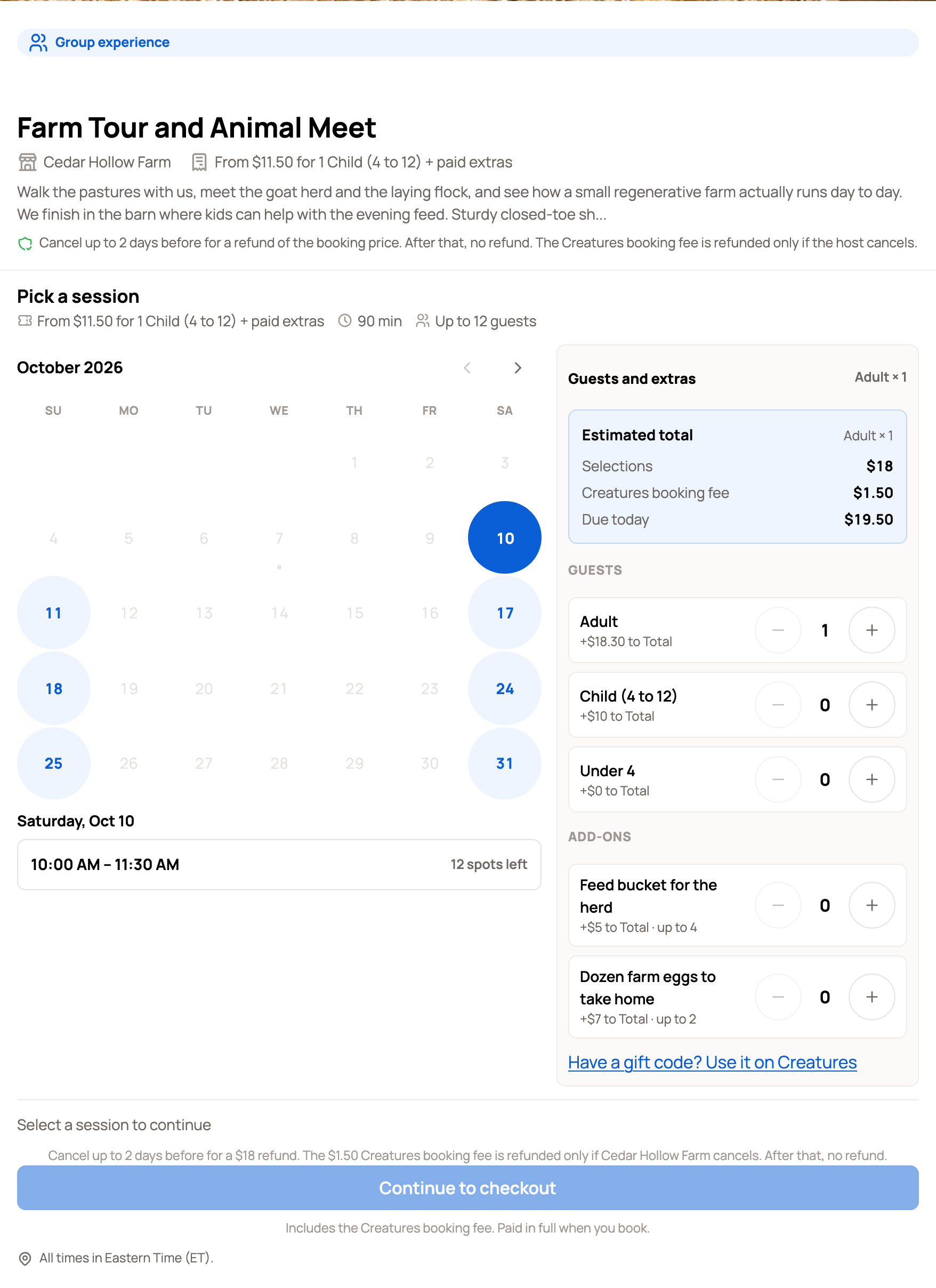 An embedded booking panel with the offering, calendar, guests, and an open time