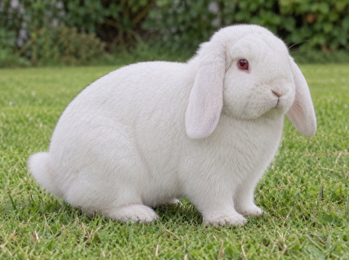Pure white Holland Lop with a natural pink eye on a garden lawn.