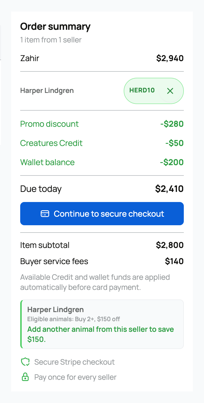 Order summary showing Credit first, Wallet second, and the amount due today