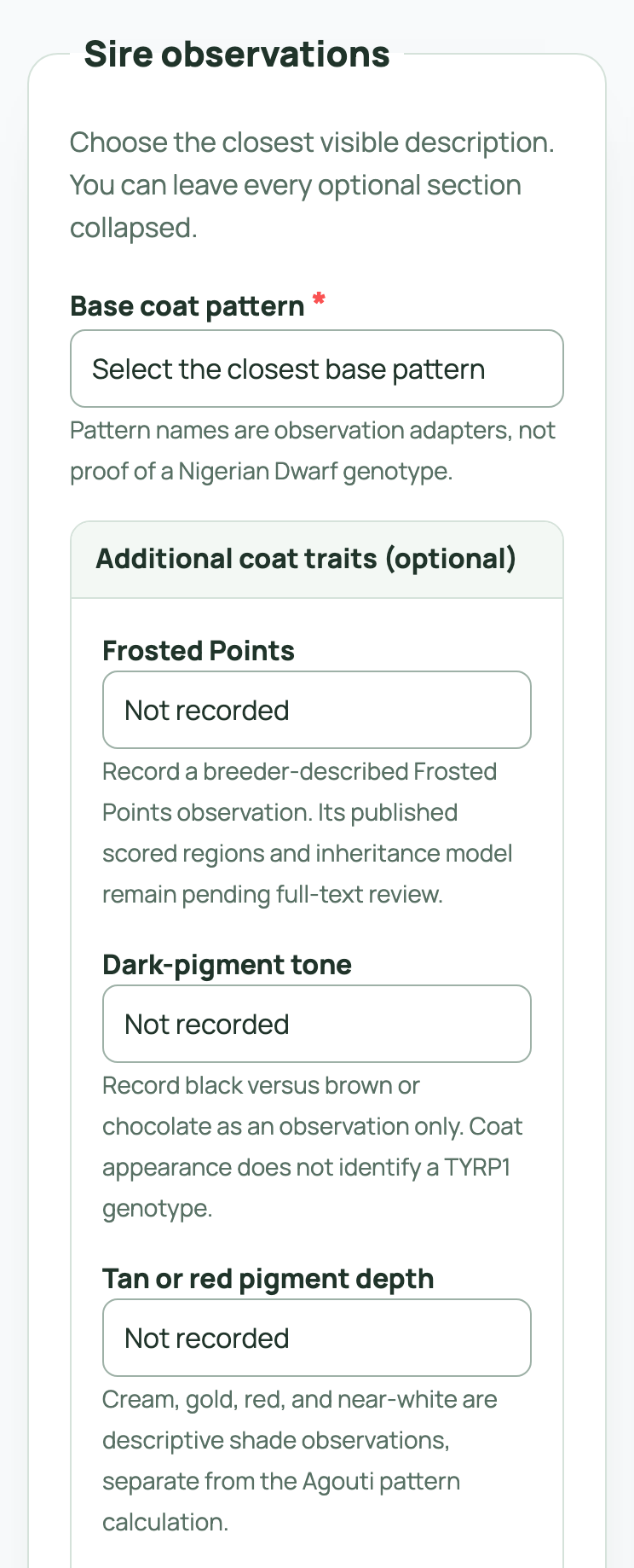 The goat calculator's observed-phenotype form for one parent: the required base coat pattern menu and the top of the optional additional-coat-traits section