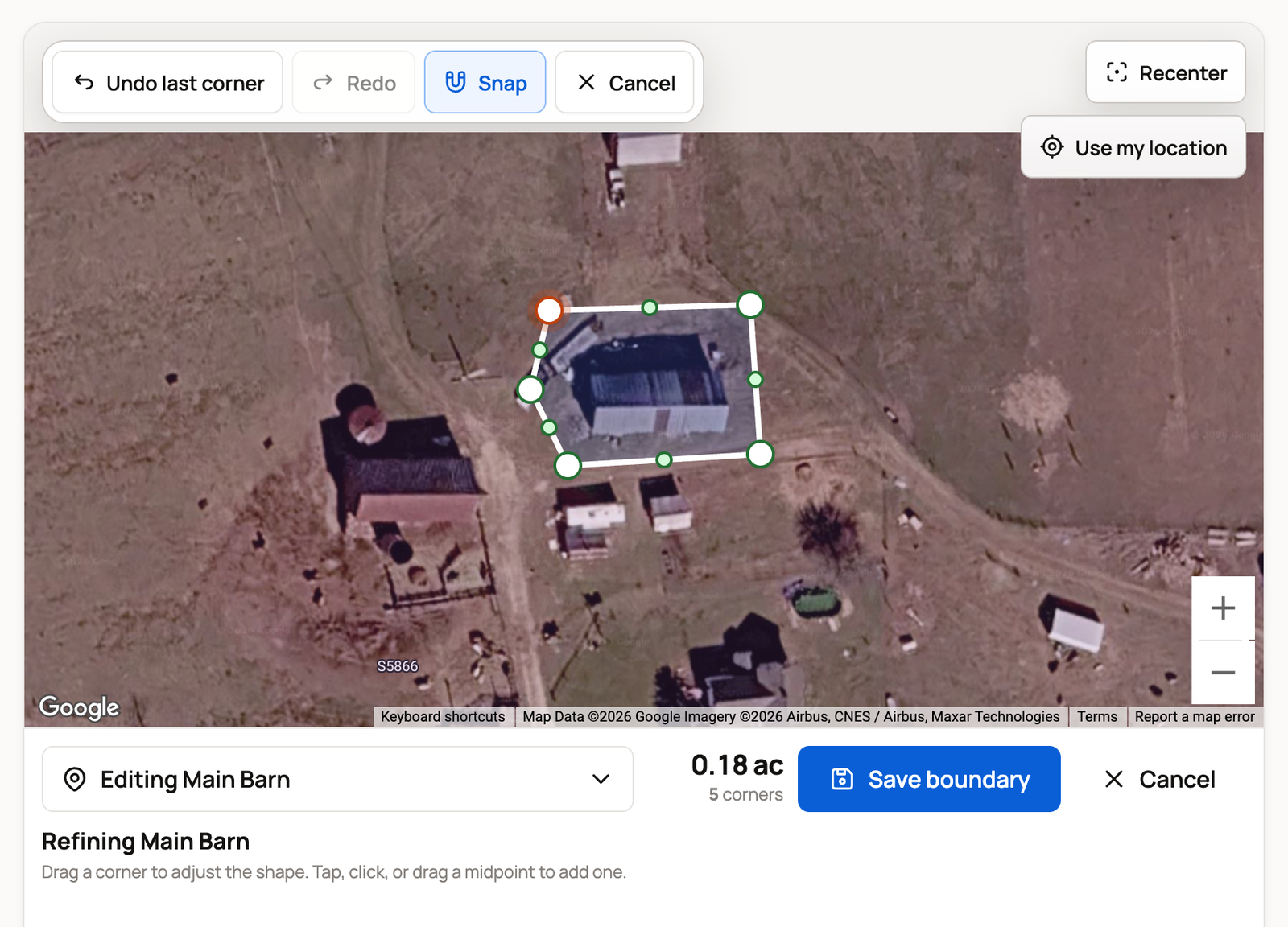 New Main Barn boundary with five corners, 0.18 ac and Save boundary