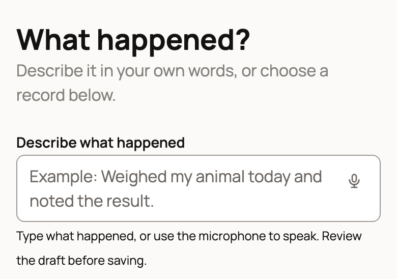 Describe what happened box with the microphone button in its corner