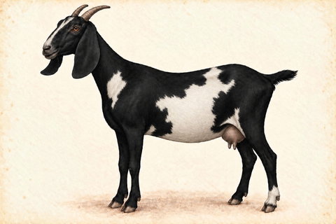 Illustration of a black and white spotted Nubian doe.