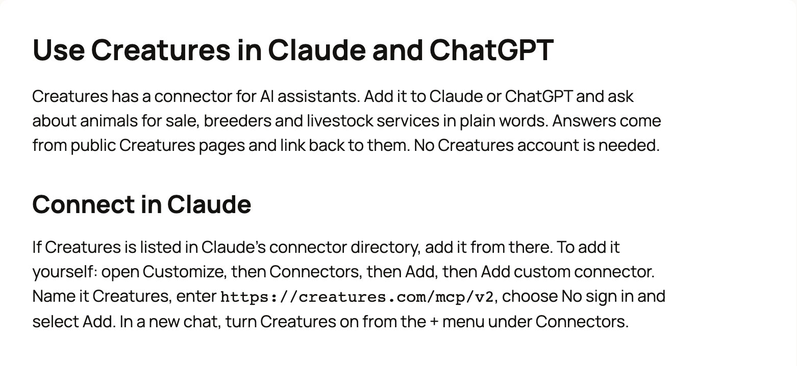 Use Creatures in Claude and ChatGPT page with the Connect in Claude steps and the connector address