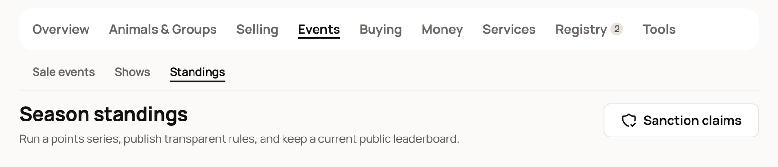 Season standings page with the Sanction claims button