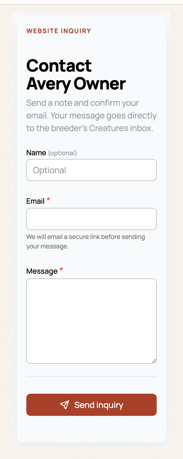 The inquiry form a visitor sees on your published site: Name, Email, and Message fields with a Send inquiry button