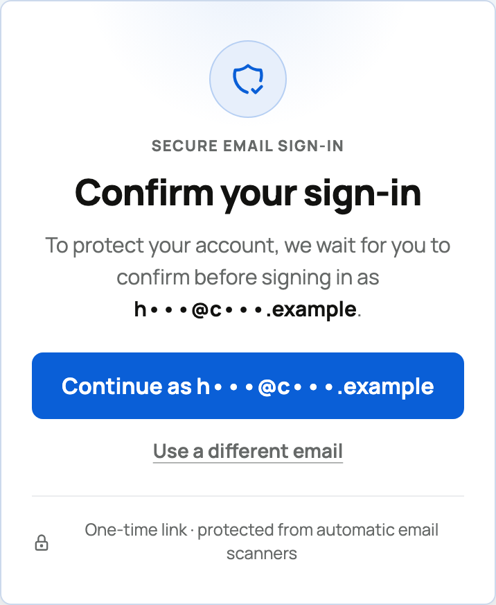 Confirm your sign-in card for the masked Help Center email with Continue as, Use a different email, and one-time-link protection