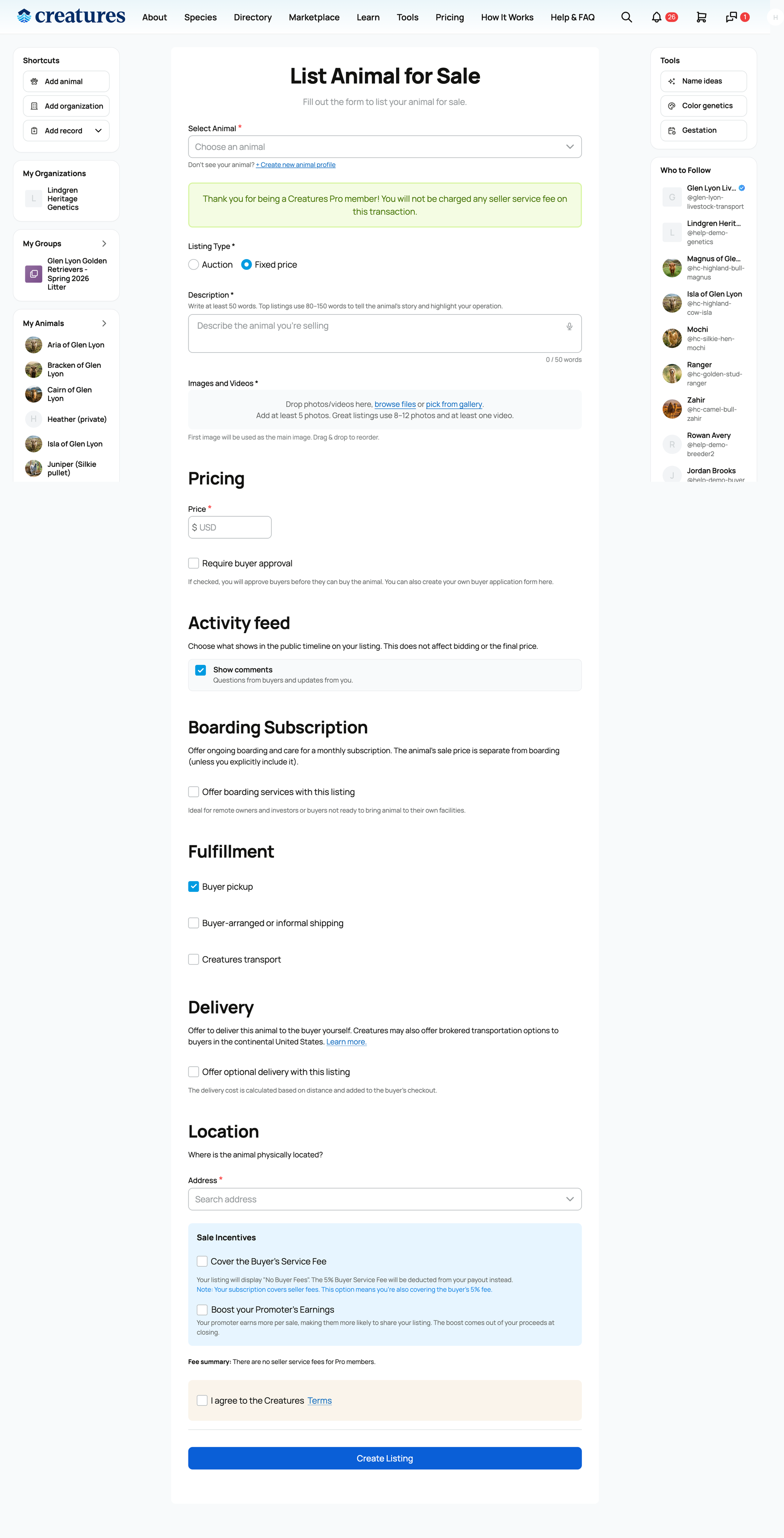 The create-listing form, where you require approval and pick a form