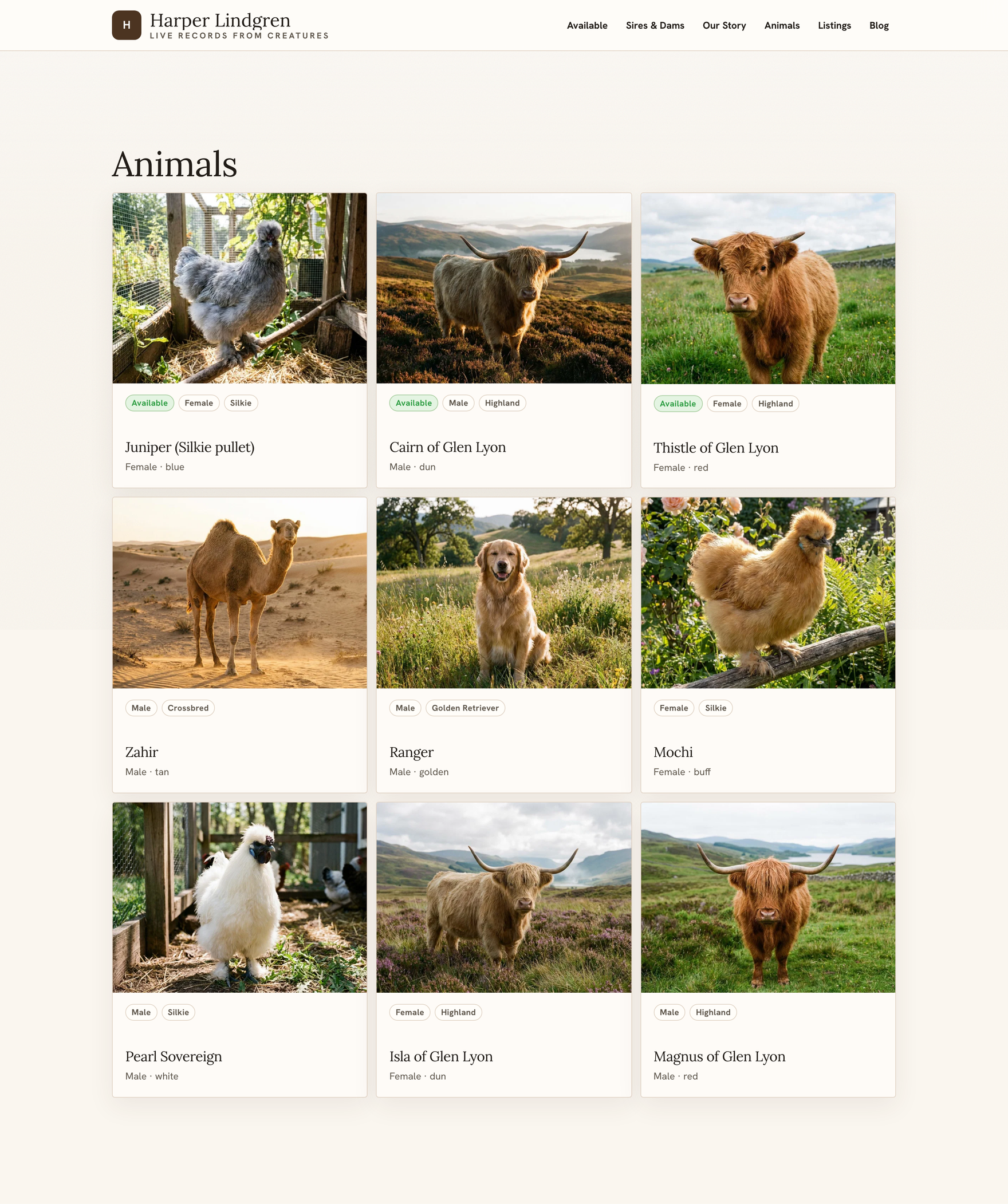 The live public /animals page on the subdomain