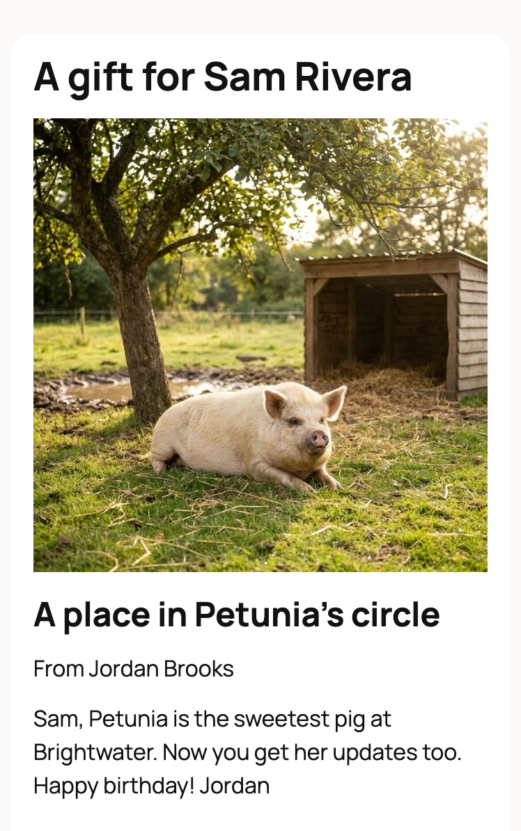 Gift certificate for Sam Rivera with Petunia's photo, A place in Petunia's circle, From Jordan Brooks and his message