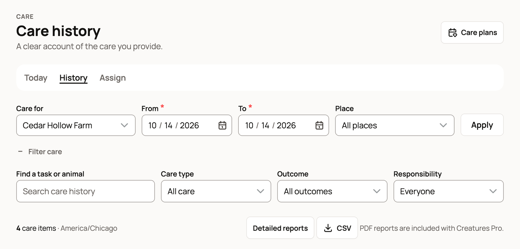 Care history filters for Cedar Hollow Farm with dates, place, Filter care and the CSV download