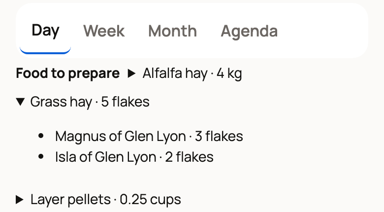 Food to prepare on Today with Grass hay opened to show each animal's share