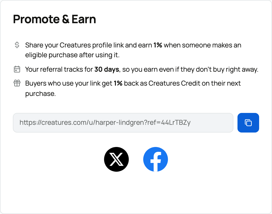 Promote and Earn showing the share link, 30-day window, and two rewards