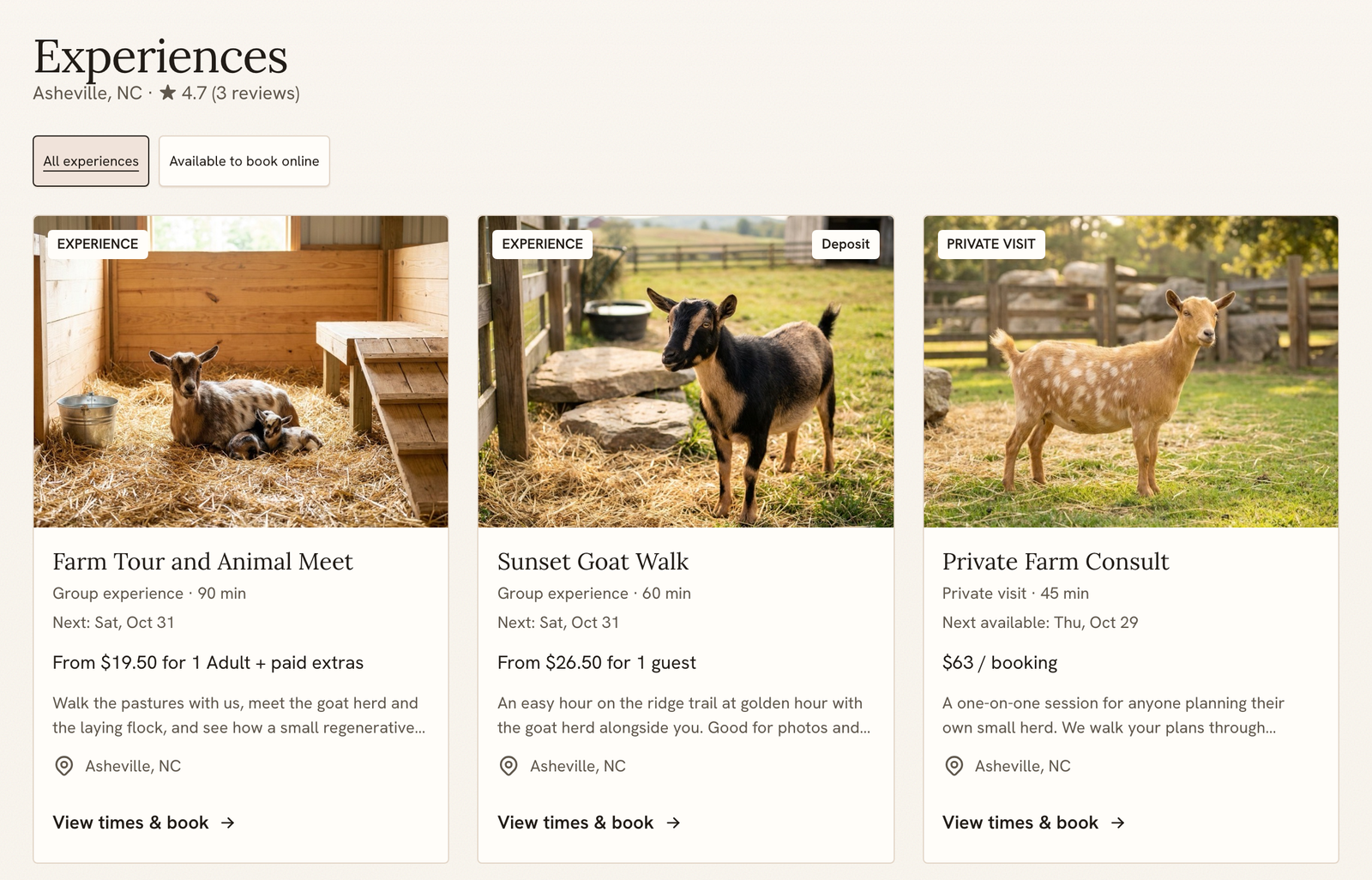 A farm website Experiences page with rating, the availability filter and experience cards