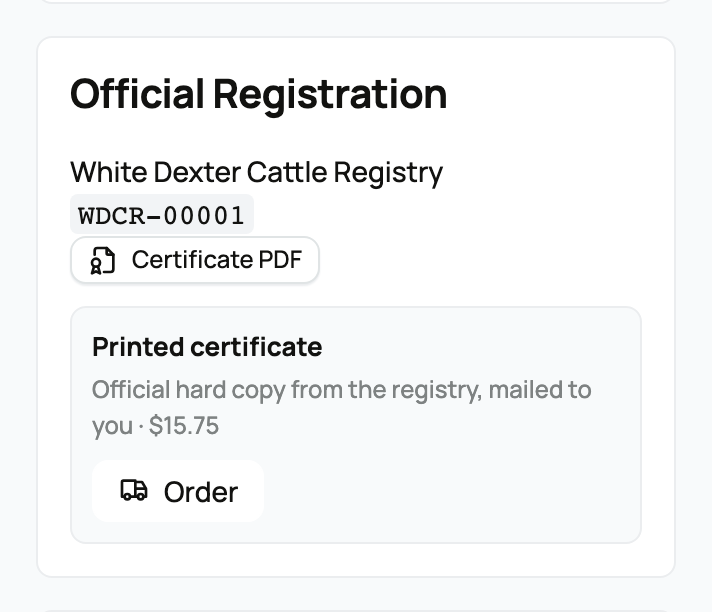 An official registration record with its focused Order action