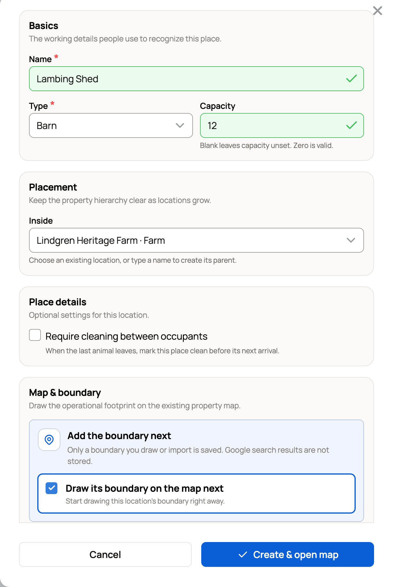 Create a location with Name, Type, Capacity and Inside filled in, and Draw its boundary on the map next turned on
