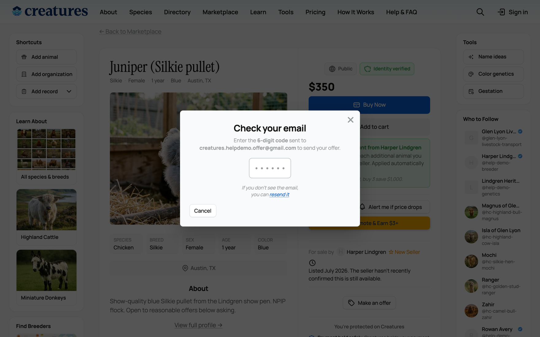 Entering the emailed 6-digit code to send a guest offer