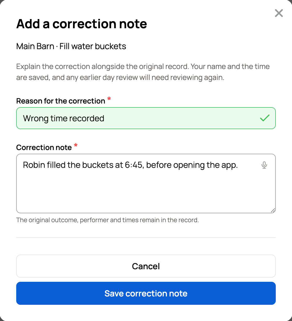 Add a correction note with a reason and a note filled in