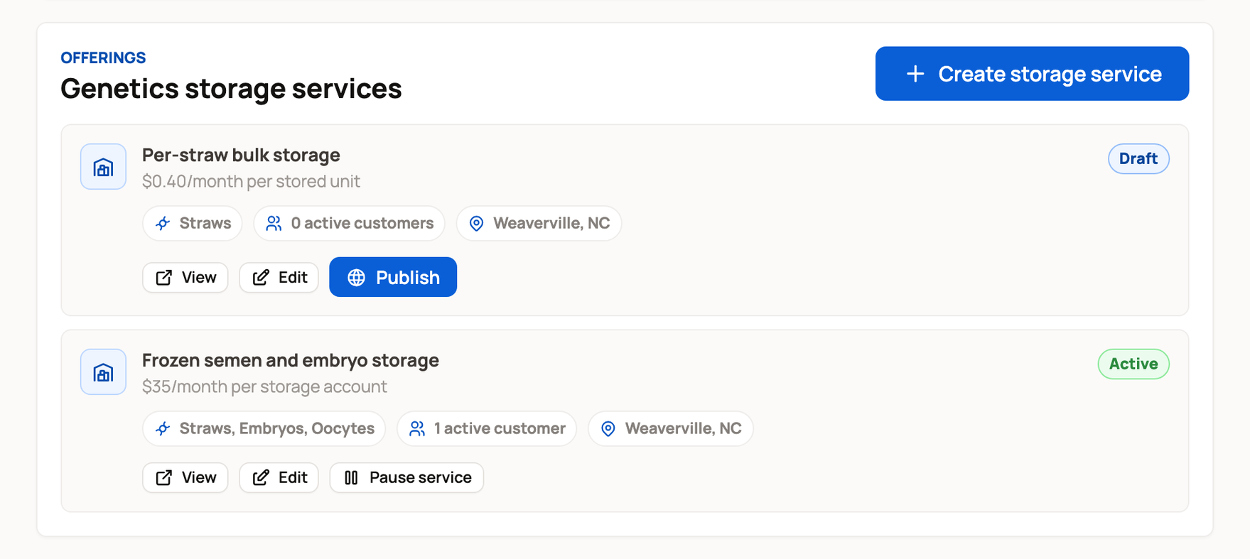 Storage services with a draft service ready to Publish and an active service with Pause service