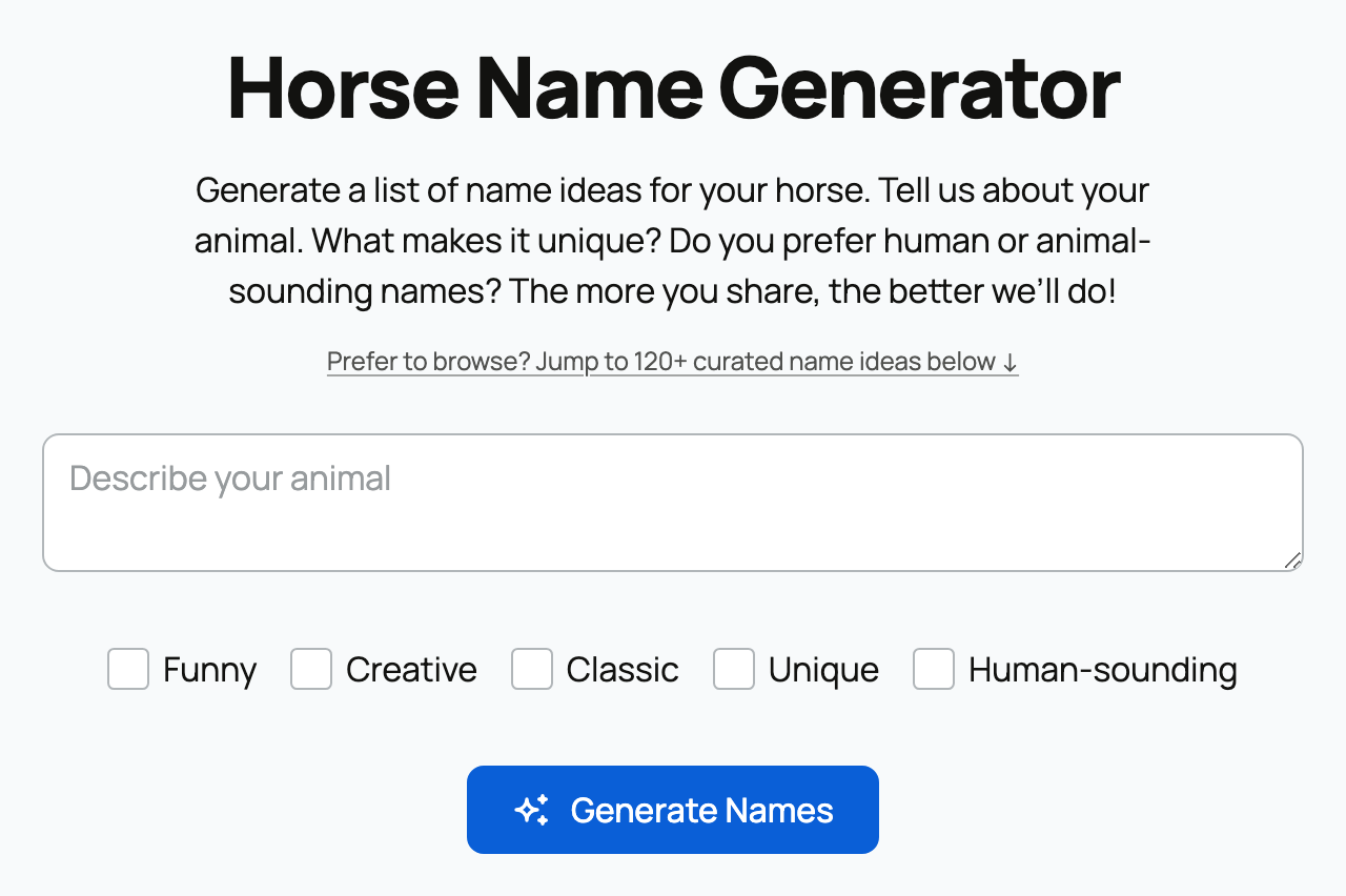 Horse Name Generator description field, style choices, and Generate Names button