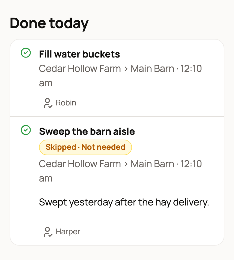 Done today showing a helper's completion and a skipped chore