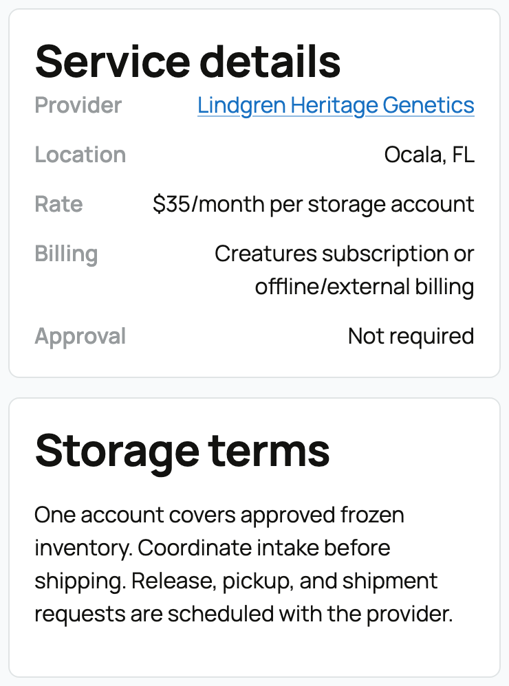 Storage service details showing the provider, monthly rate, billing options, approval requirement, and terms