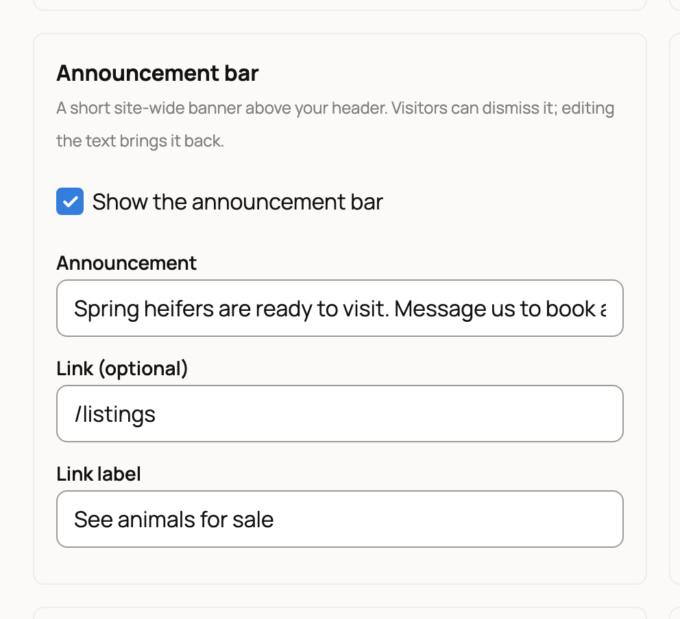 Announcement bar settings turned on, with text about spring heifers and a See animals for sale link
