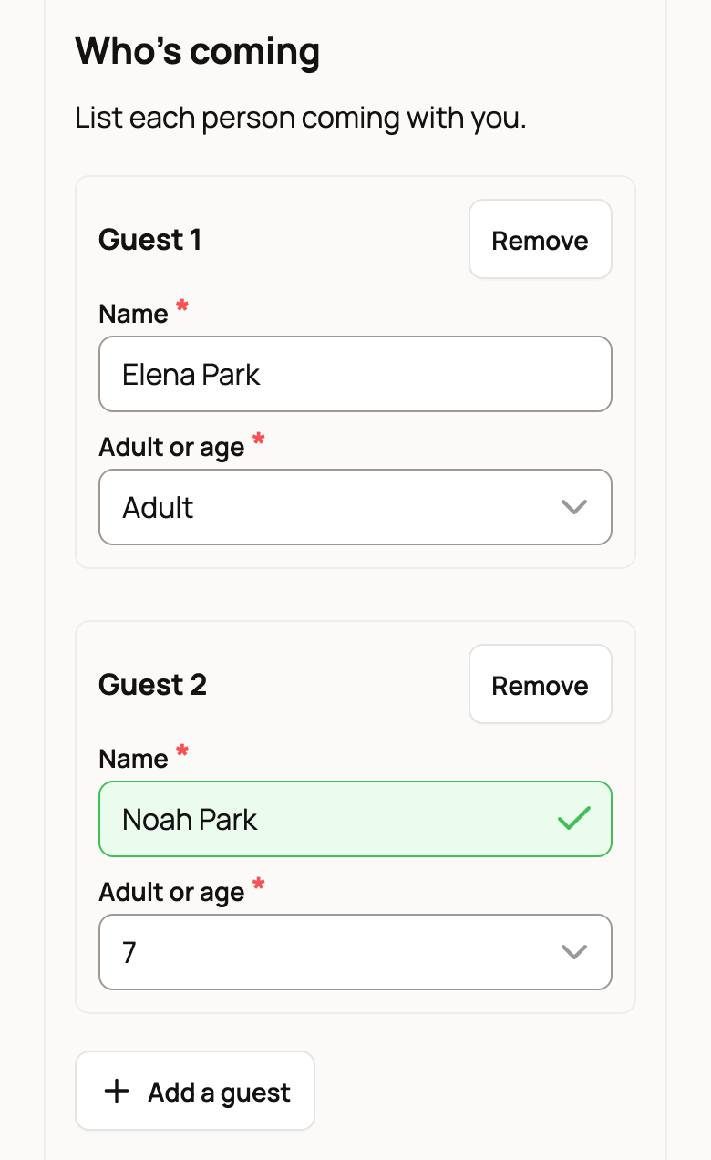 Who's coming on a phone, with Elena Park as an adult, Noah Park age 7, and Add a guest
