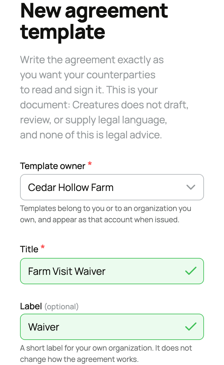 New agreement template with Cedar Hollow Farm selected as owner, Farm Visit Waiver title, and optional Waiver label